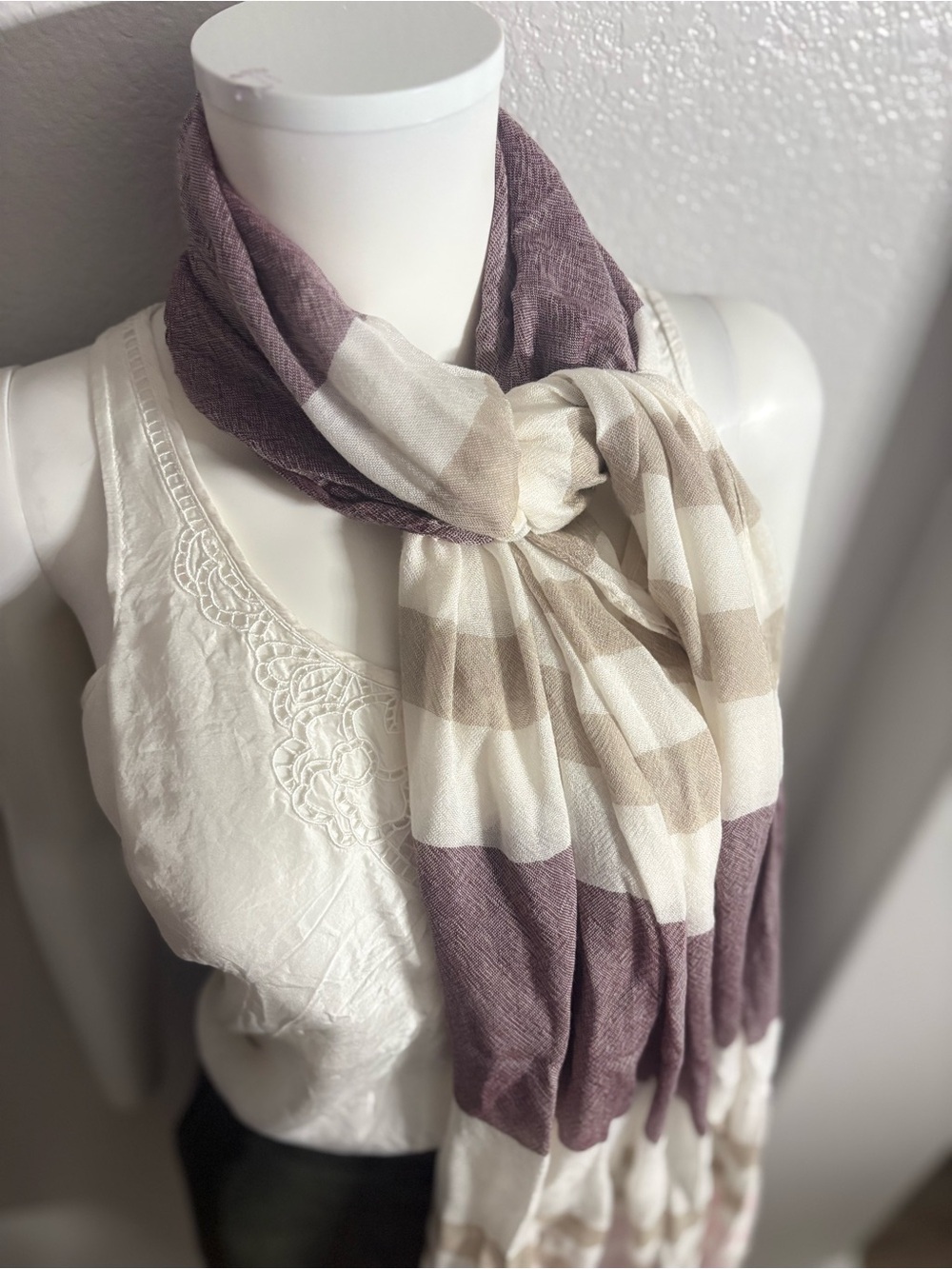 Striped Lightweight Scarf in Lavender, Cream & Taupe - Picture 2 of 3
